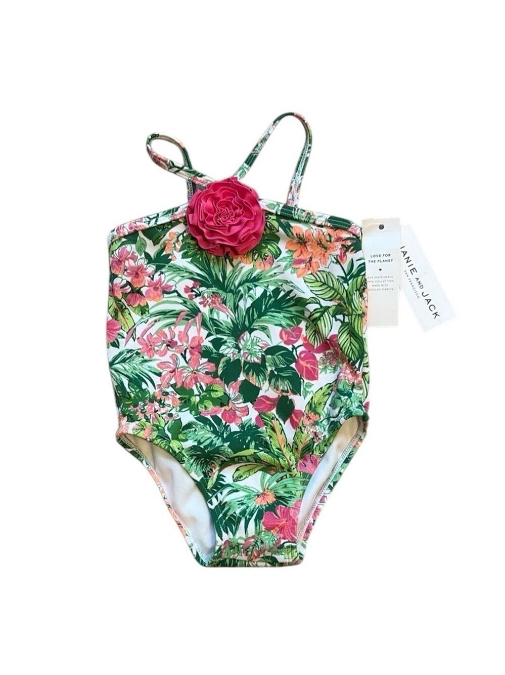 Janie and Jack Floral Kids Swimsuit - Green and Pink Size 12-18 months